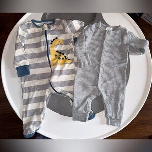 Striped Dinosaur and Gray Ribbed Baby One Pieces